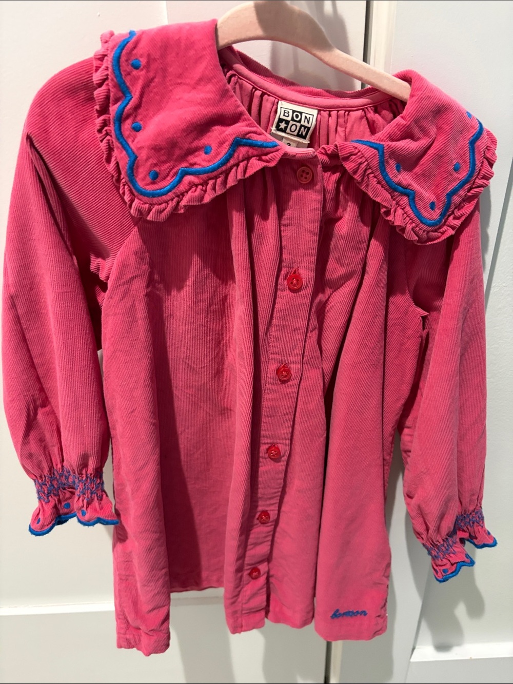 Bonton Pink Corduroy Button-Down Top with Blue Trim